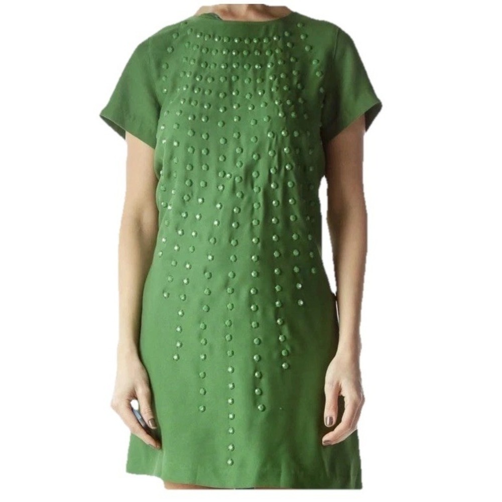 KARTA Green Mod Shift Dress Sz L Beaded Rhinestone Embellished Mini Short Sleeve